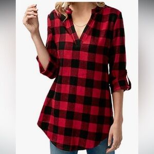 Kyerivs Women’s Buffalo Plaid Shirt V-neck Lg.Sleeve Blouse Top,Black/Red,Size L